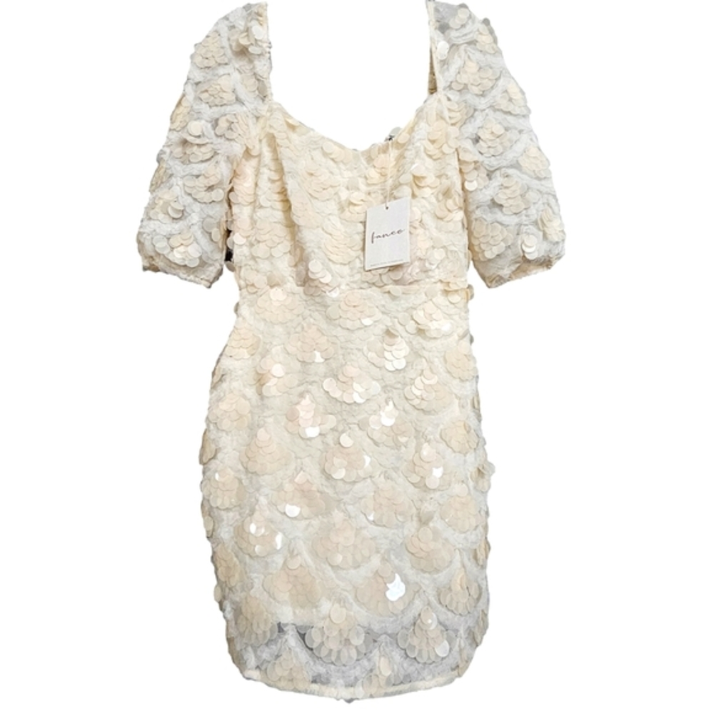 Nwt Fanco Off Shoulder Creme Lace Mesh Sequin SSleeve Square Neck Bridal Dress